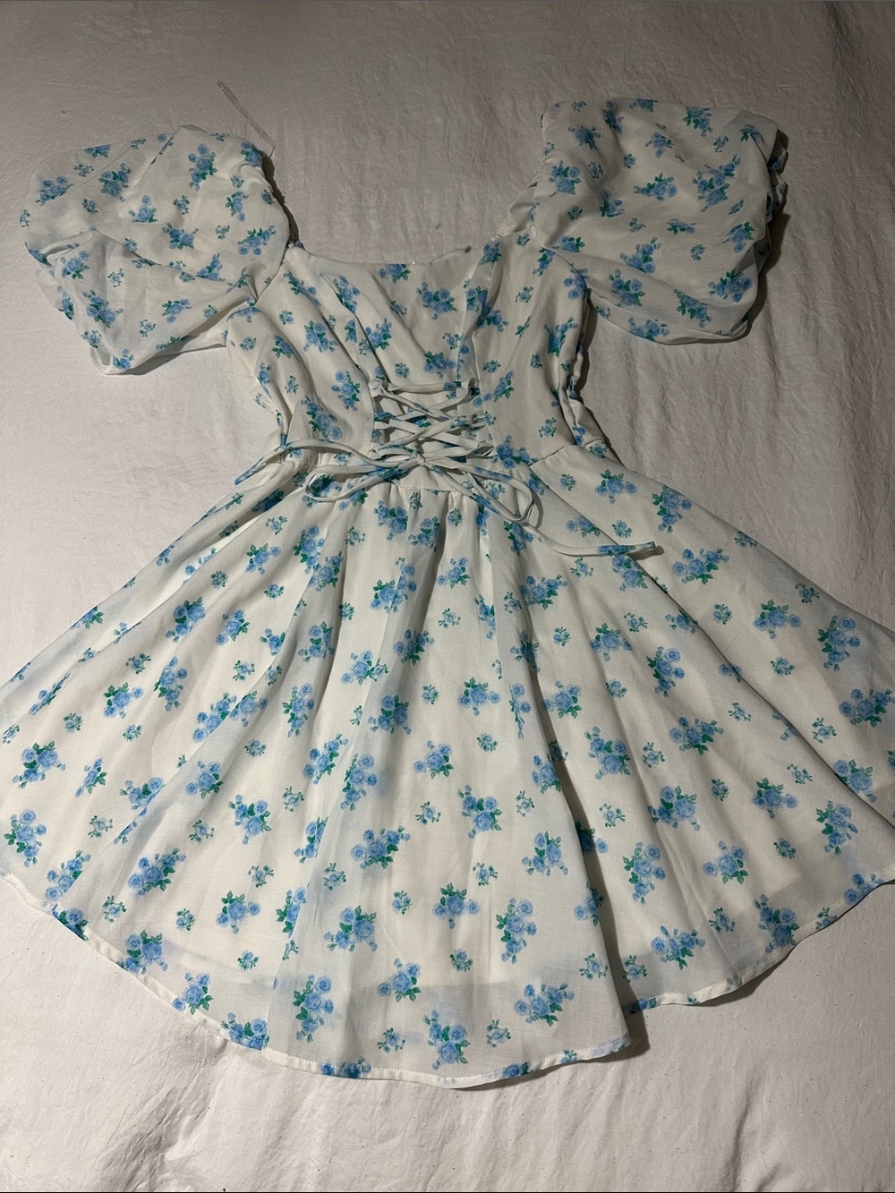 Crystal Doll Baby Doll White Mini Dress with Blue Floral Print